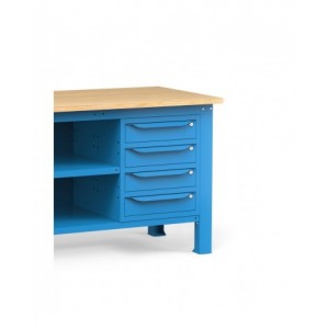 Banco con 4 cassetti, chiusura posteriore, parete portautensili, accessori, 150 cm, Blu
