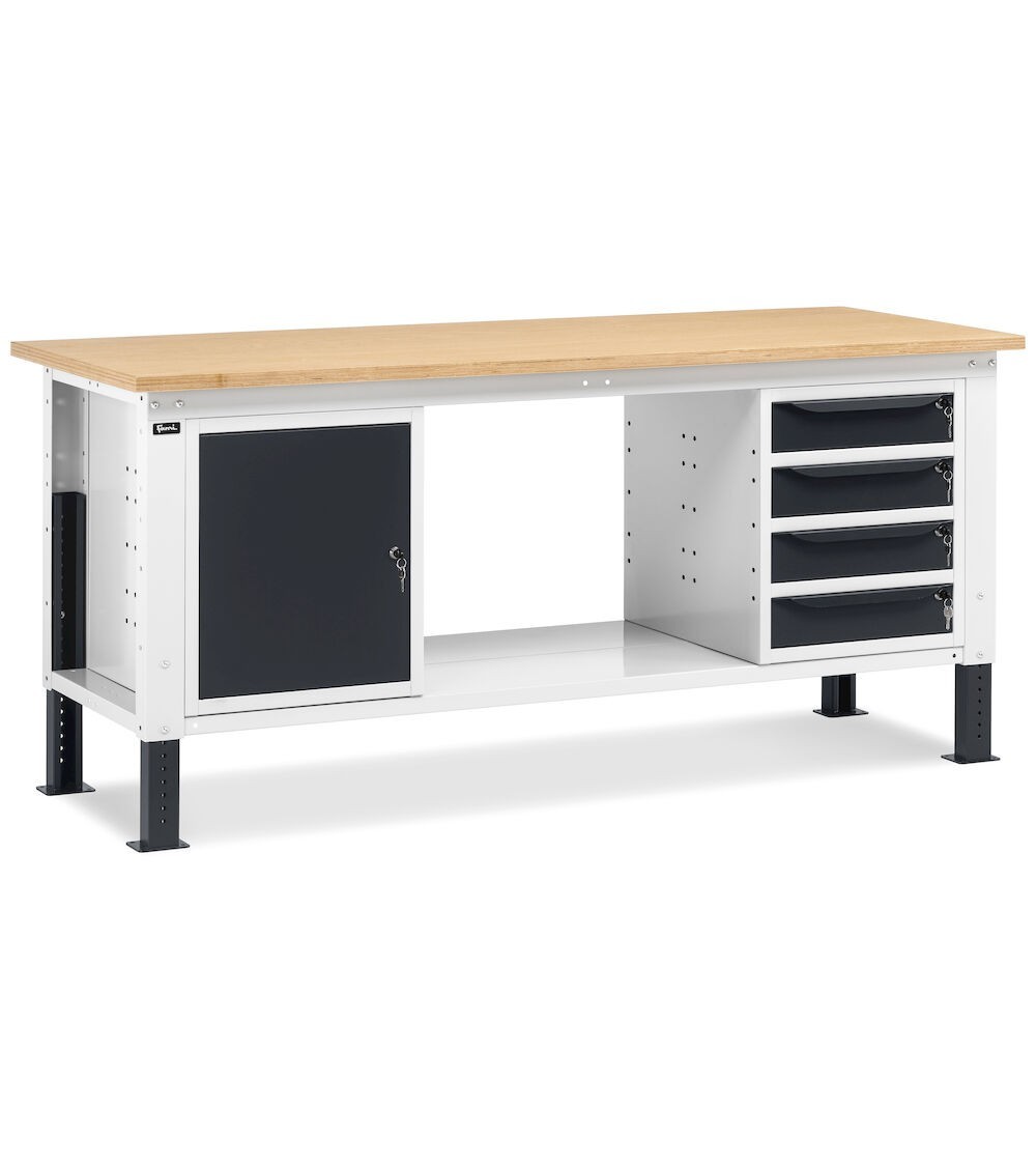 Banco da lavoro WORK2005 con 1 armadio a cassetti con 4 cassetti e 1 armadio con porta, L 200 cm