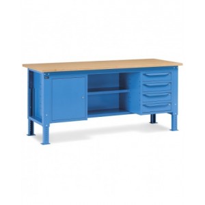 Banco da lavoro WORK2008 con 1 armadio a cassetti con 4 cassetti, 1 armadio con porta e 2 semipiani, L 200 cm
