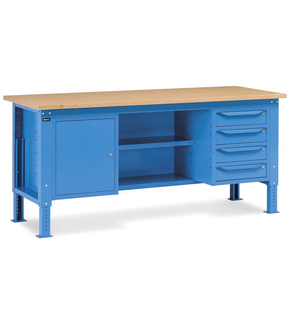 Banco da lavoro WORK2008 con 1 armadio a cassetti con 4 cassetti, 1 armadio con porta e 2 semipiani, L 200 cm