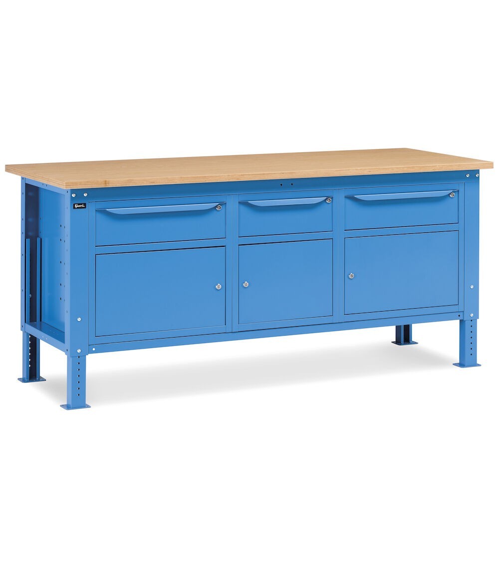 Banco da lavoro WORK2012 con 3 armadi con 1 cassetto e porta, L 200cm