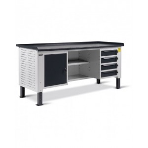 Banco regolabile da 2 mt con piano in acciaio, 4 cassetti, 1 anta e ripiani WORK2014