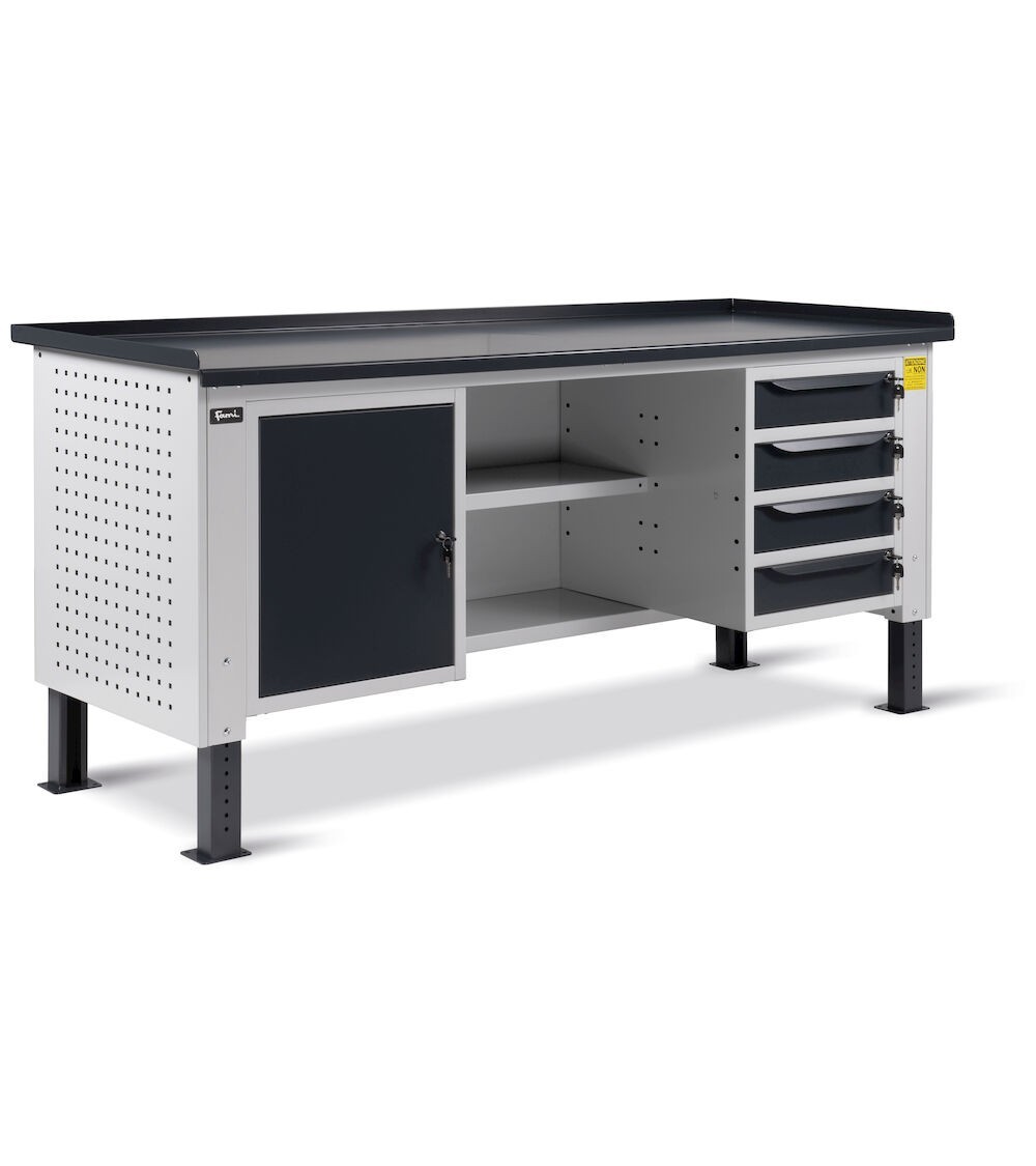 Banco regolabile da 2 mt con piano in acciaio, 4 cassetti, 1 anta e ripiani WORK2014