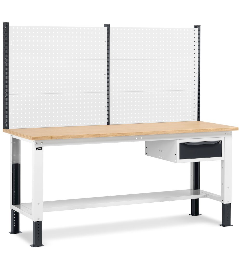 Banco da lavoro regolabile in altezza Work Up WORK2018 con parete attrezzata e 1 cassetto