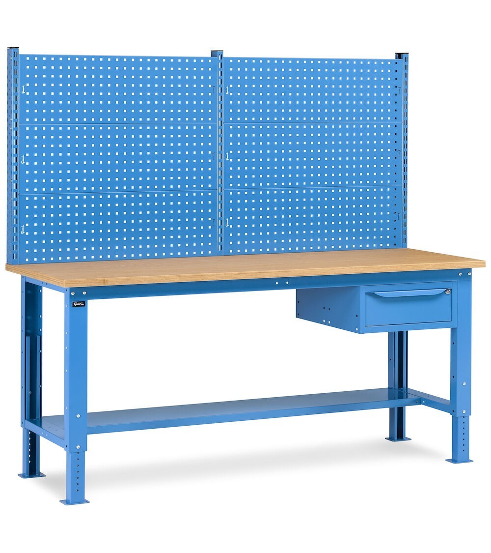 Banco da lavoro regolabile in altezza Work Up WORK2019 con parete attrezzata e 1 cassetto