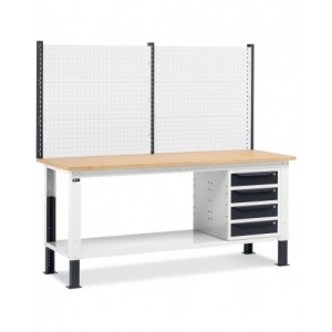 Banco da lavoro regolabile in altezza Work Up WORK2020 con parete attrezzata e 4 cassetti