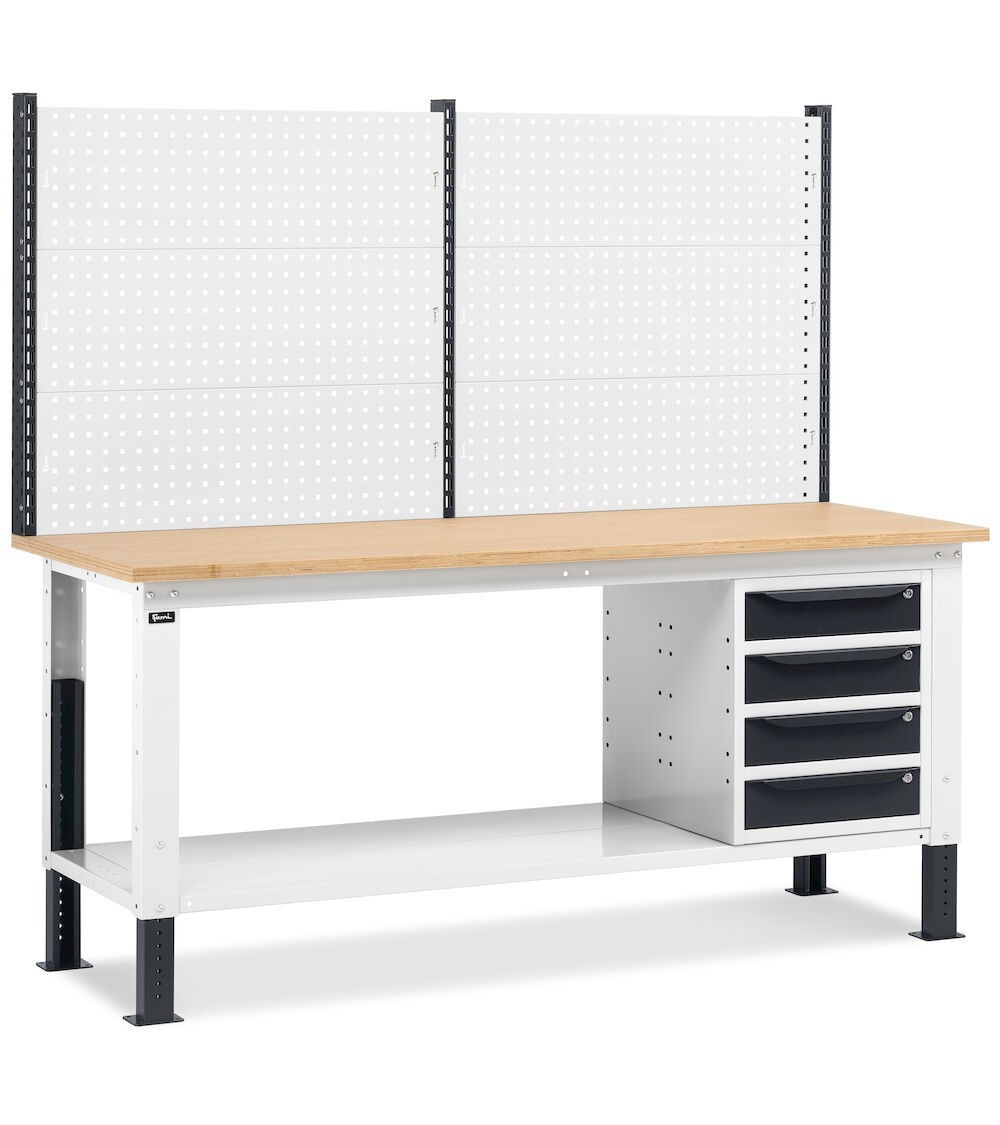 Banco da lavoro regolabile in altezza Work Up WORK2020 con parete attrezzata e 4 cassetti