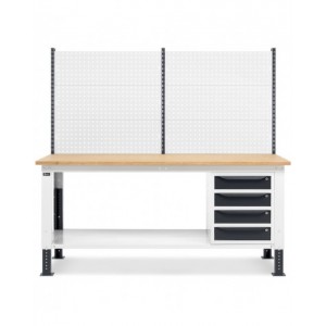 Banco da lavoro regolabile in altezza Work Up WORK2020 con parete attrezzata e 4 cassetti
