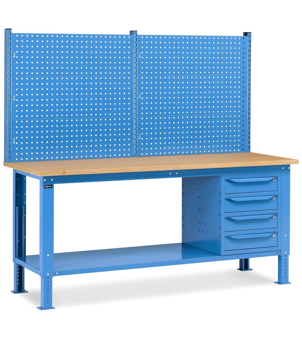 Banco da lavoro regolabile in altezza Work Up WORK2021 con parete attrezzata e 4 cassetti