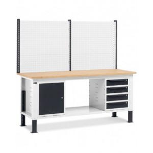 Banco da lavoro regolabile in altezza Work Up WORK2022 con parete attrezzata, 4 cassetti e 1 armadio con porta