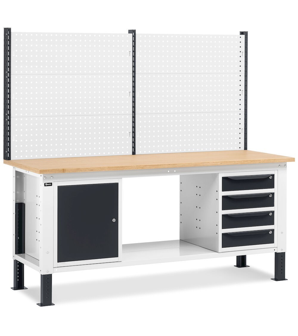 Banco da lavoro regolabile in altezza Work Up WORK2022 con parete attrezzata, 4 cassetti e 1 armadio con porta
