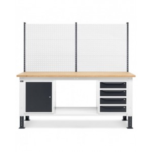 Banco da lavoro regolabile in altezza Work Up WORK2022 con parete attrezzata, 4 cassetti e 1 armadio con porta
