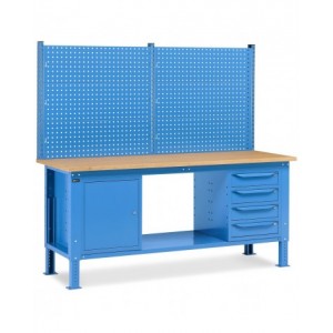 Banco da lavoro regolabile in altezza Work Up WORK2023 con parete attrezzata, 4 cassetti e 1 armadio con porta