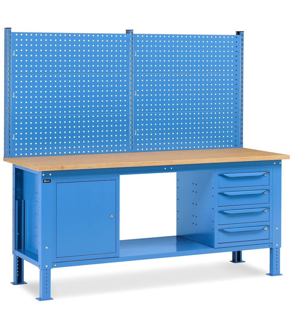 Banco da lavoro regolabile in altezza Work Up WORK2023 con parete attrezzata, 4 cassetti e 1 armadio con porta