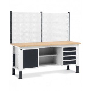 Banco da lavoro regolabile in altezza Work Up WORK2024 con parete attrezzata, 4 cassetti, 1 armadio con porta e semipiano