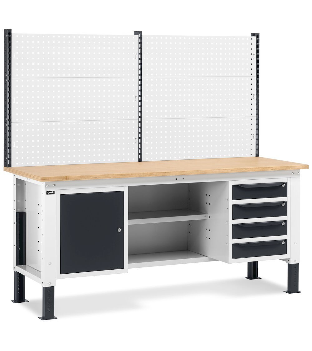 Banco da lavoro regolabile in altezza Work Up WORK2024 con parete attrezzata, 4 cassetti, 1 armadio con porta e semipiano