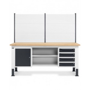Banco da lavoro regolabile in altezza Work Up WORK2024 con parete attrezzata, 4 cassetti, 1 armadio con porta e semipiano