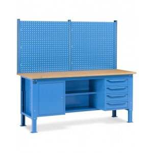 Banco da lavoro regolabile in altezza Work Up WORK2025 con parete attrezzata, 4 cassetti, 1 armadio con porta e semipiano