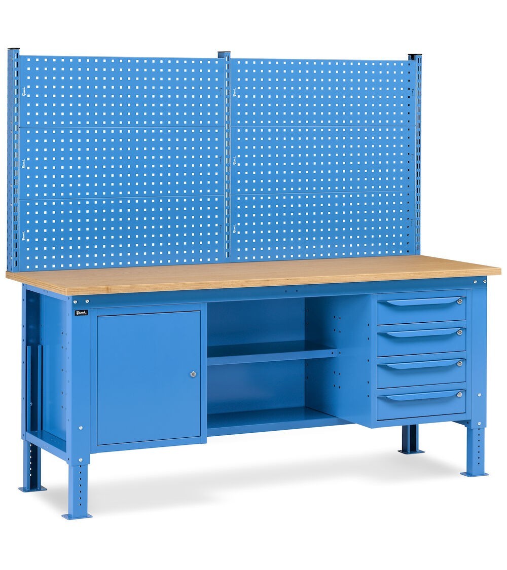 Banco da lavoro regolabile in altezza Work Up WORK2025 con parete attrezzata, 4 cassetti, 1 armadio con porta e semipiano