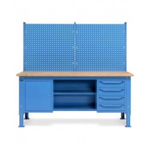 Banco da lavoro regolabile in altezza Work Up WORK2025 con parete attrezzata, 4 cassetti, 1 armadio con porta e semipiano