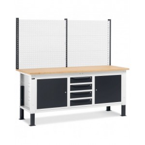 Banco da lavoro regolabile in altezza Work Up WORK2026 con parete attrezzata, 4 cassetti e 2 armadi con porta