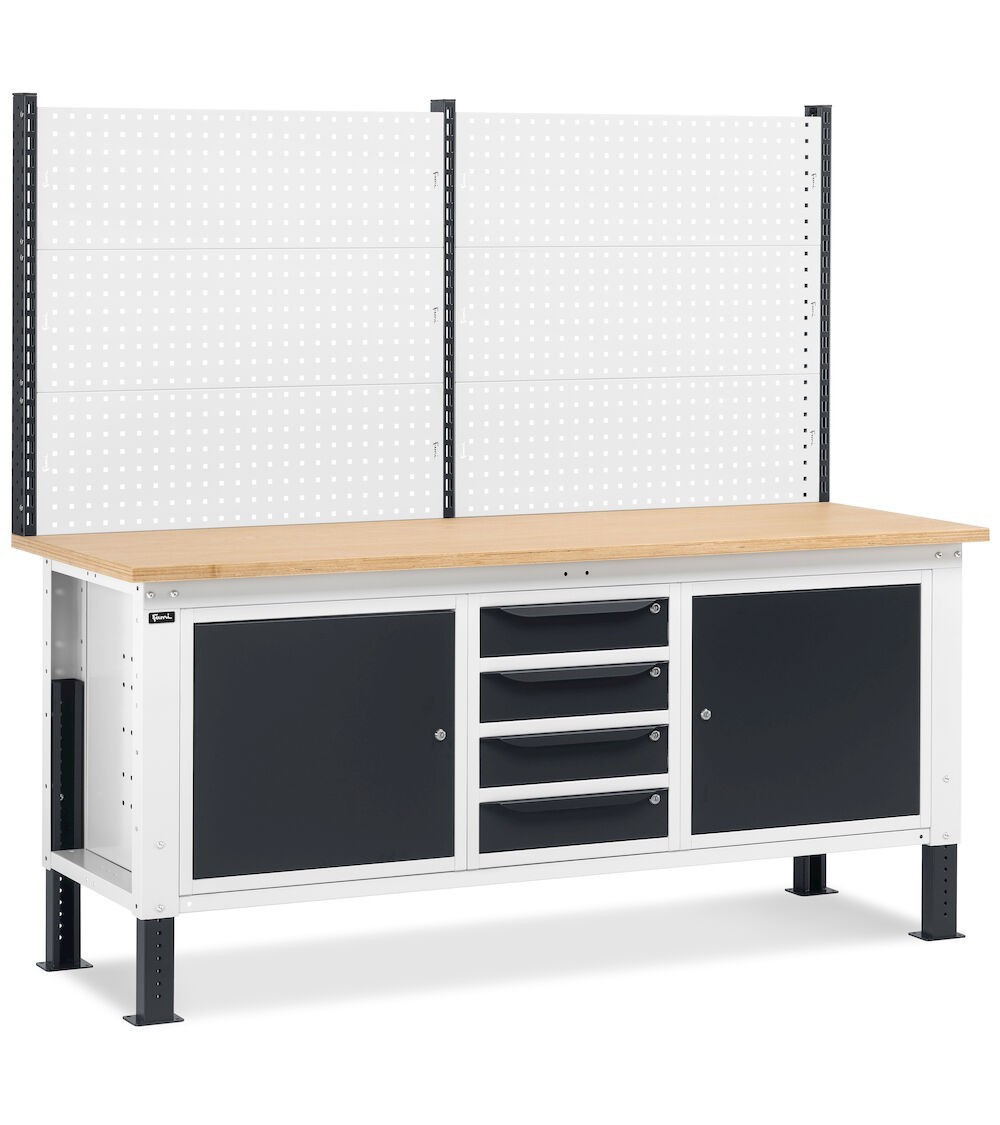 Banco da lavoro regolabile in altezza Work Up WORK2026 con parete attrezzata, 4 cassetti e 2 armadi con porta