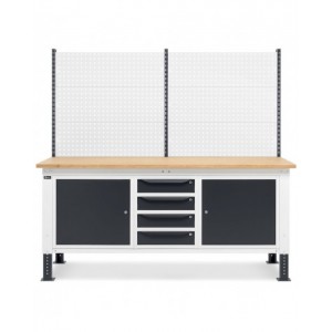 Banco da lavoro regolabile in altezza Work Up WORK2026 con parete attrezzata, 4 cassetti e 2 armadi con porta