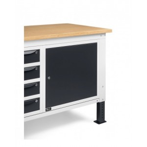 Banco da lavoro regolabile in altezza Work Up WORK2026 con parete attrezzata, 4 cassetti e 2 armadi con porta