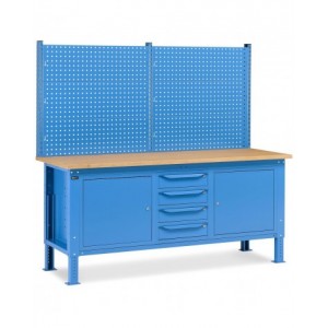 Banco da lavoro regolabile in altezza Work Up WORK2027 con parete attrezzata, 4 cassetti e 2 armadi con porta