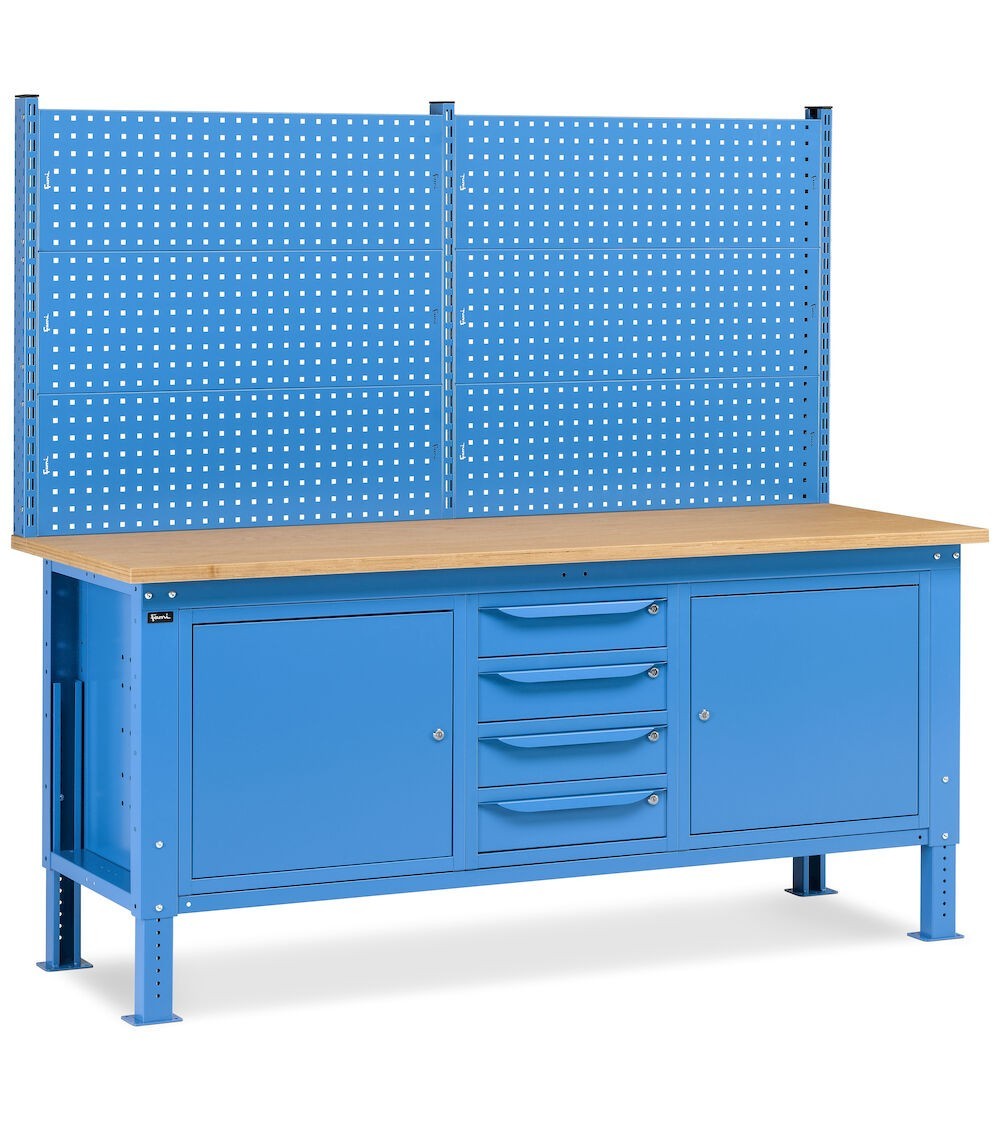 Banco da lavoro regolabile in altezza Work Up WORK2027 con parete attrezzata, 4 cassetti e 2 armadi con porta