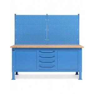 Banco da lavoro regolabile in altezza Work Up WORK2027 con parete attrezzata, 4 cassetti e 2 armadi con porta