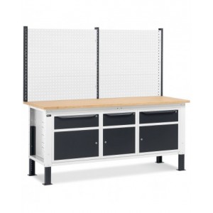 Banco da lavoro regolabile in altezza Work Up WORK2028 con parete attrezzata e 3 armadi con porta parziale e 1 cassetto