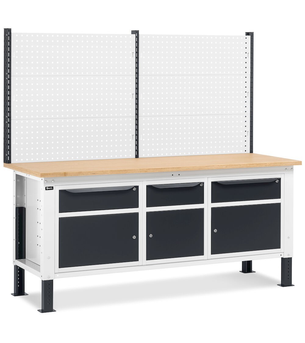 Banco da lavoro regolabile in altezza Work Up WORK2028 con parete attrezzata e 3 armadi con porta parziale e 1 cassetto