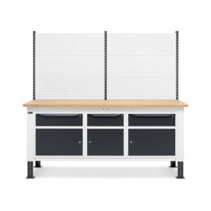 Banco da lavoro regolabile in altezza Work Up WORK2028 con parete attrezzata e 3 armadi con porta parziale e 1 cassetto