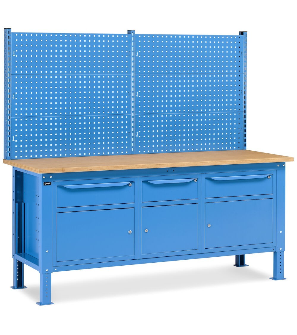 Banco da lavoro regolabile in altezza Work Up WORK2029 con parete attrezzata e 3 armadi con porta parziale e 1 cassetto