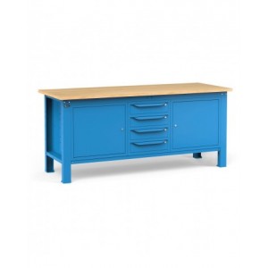 Banco per officina con 4 cassetti e armadio con porta e ripiano, 200 cm, Blu