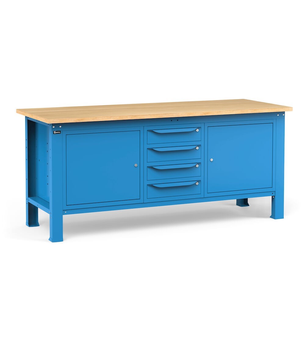 Banco per officina con 4 cassetti e armadio con porta e ripiano, 200 cm, Blu