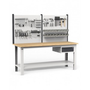 Banco per officina con cassetto e parete porta attrezzi, 200 cm, Grigio e antracite