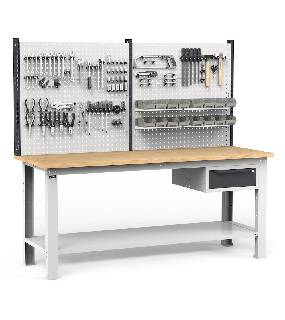 Banco per officina con cassetto e parete porta attrezzi, 200 cm, Grigio e antracite