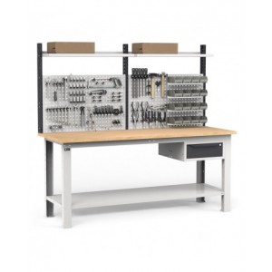 Banco per officina con cassetto e parete porta attrezzi, 200 cm, Grigio e antracite
