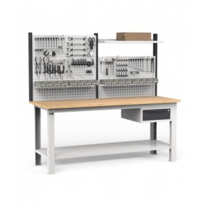 Banco per officina con cassetto e parete porta attrezzi, 200 cm, Grigio e antracite