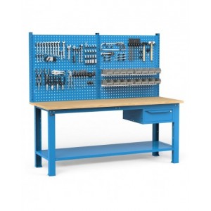 Banco per officina con cassetto e parete porta attrezzi, 200 cm, Blu