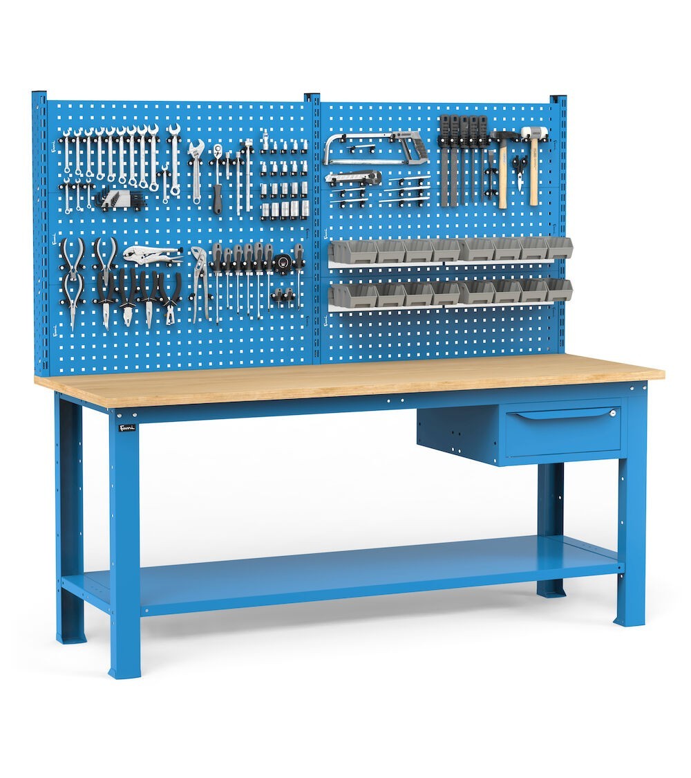 Banco per officina con cassetto e parete porta attrezzi, 200 cm, Blu