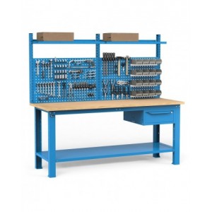 Banco per officina con cassetto e parete porta attrezzi, 200 cm, Blu