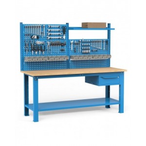 Banco per officina con cassetto e parete porta attrezzi, 200 cm, Blu