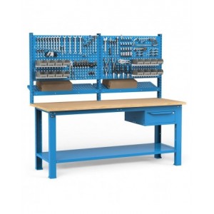 Banco per officina con cassetto e parete porta attrezzi, 200 cm, Blu