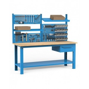 Banco per officina con cassetto e parete porta attrezzi, 200 cm, Blu