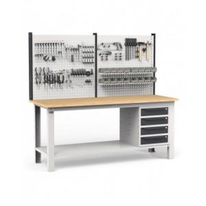 Banco per officina con 4 cassetti, parete per attrezzi e accessori, 200 cm, Grigio e antracite