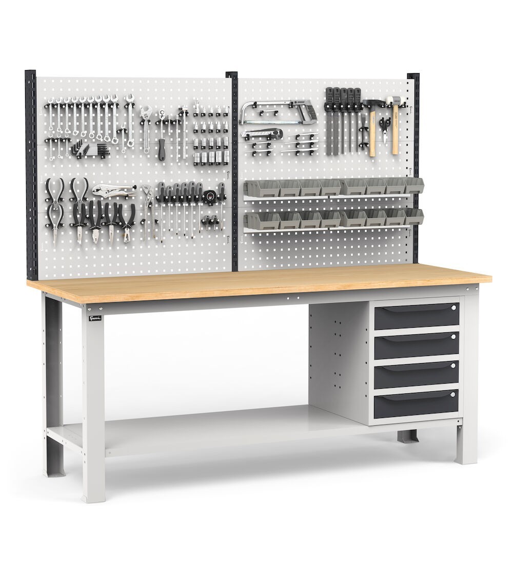 Banco per officina con 4 cassetti, parete per attrezzi e accessori, 200 cm, Grigio e antracite