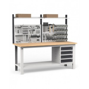 Banco per officina con 4 cassetti, parete per attrezzi e accessori, 200 cm, Grigio e antracite